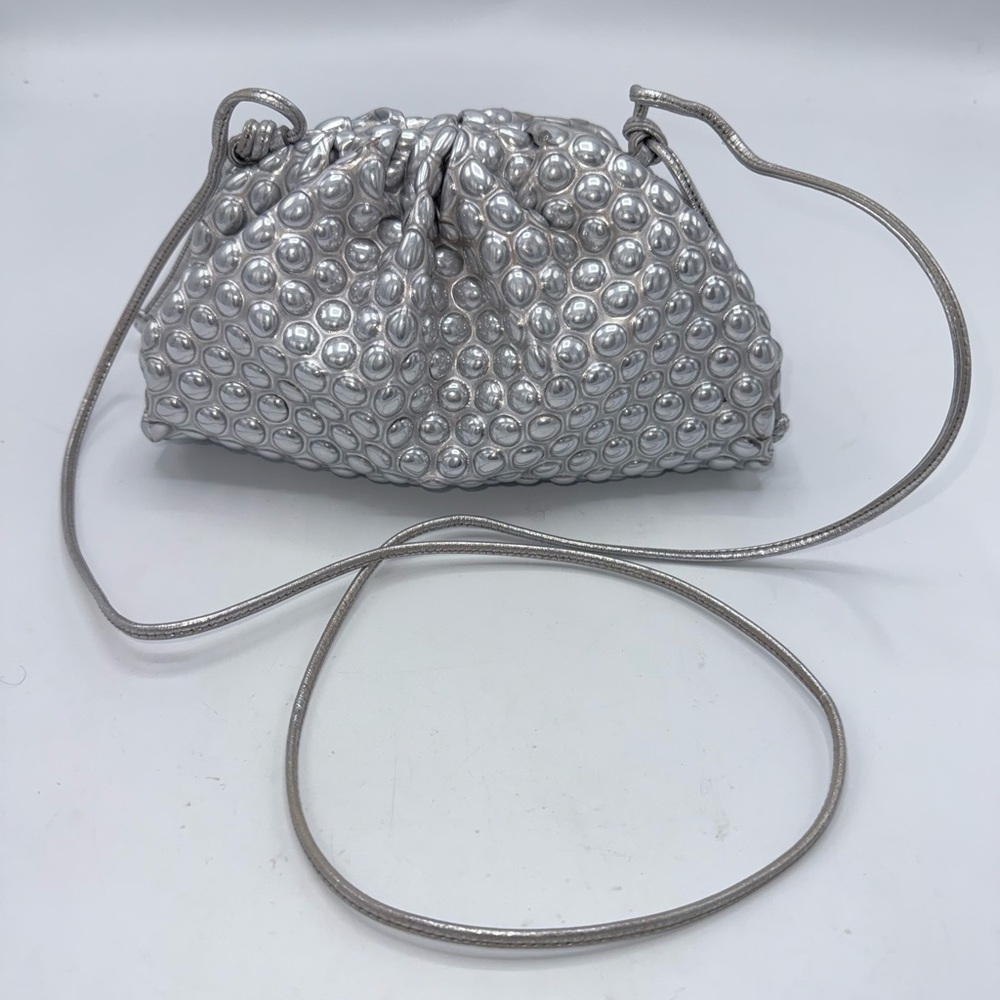Bottega Veneta Silver Metallic Bubble Wrap Leather The Mini Pouch